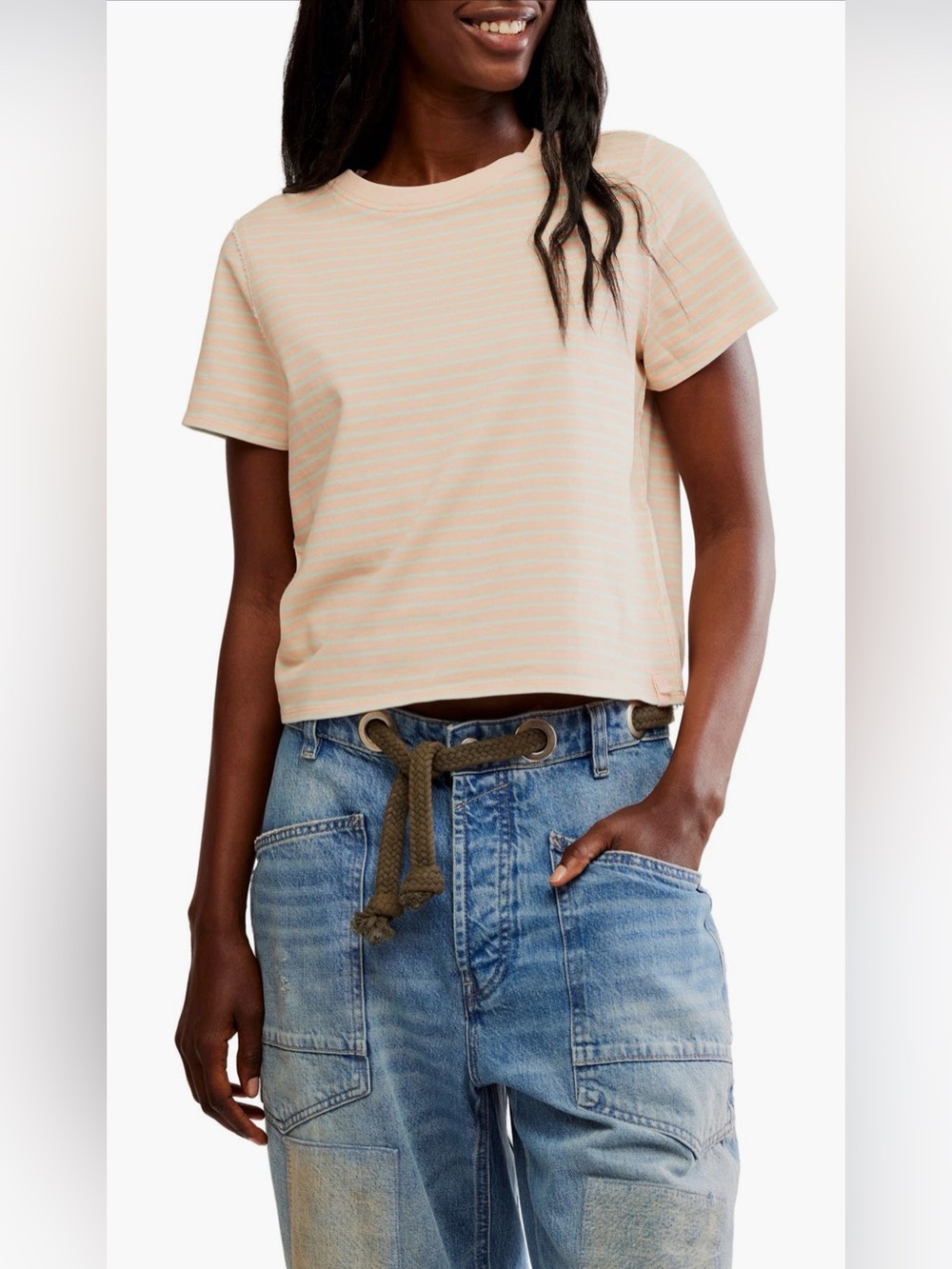 Free People • We The Free • Peach & White Striped Cropped Tee